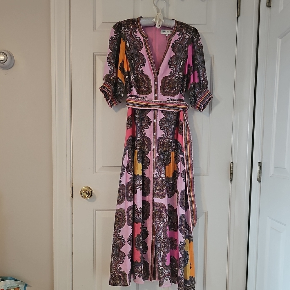Hale Bob Pink and Orange Patterned Midi Dress